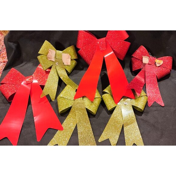 Vintsge Mcm Set Of 6 Glitter Christmas Bows In Red Green 1960s - Picture 6 of 7